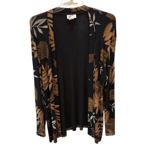 G W Graff Womens Large Black Brown Floral Leaves Open Front Cardigan Size L USA